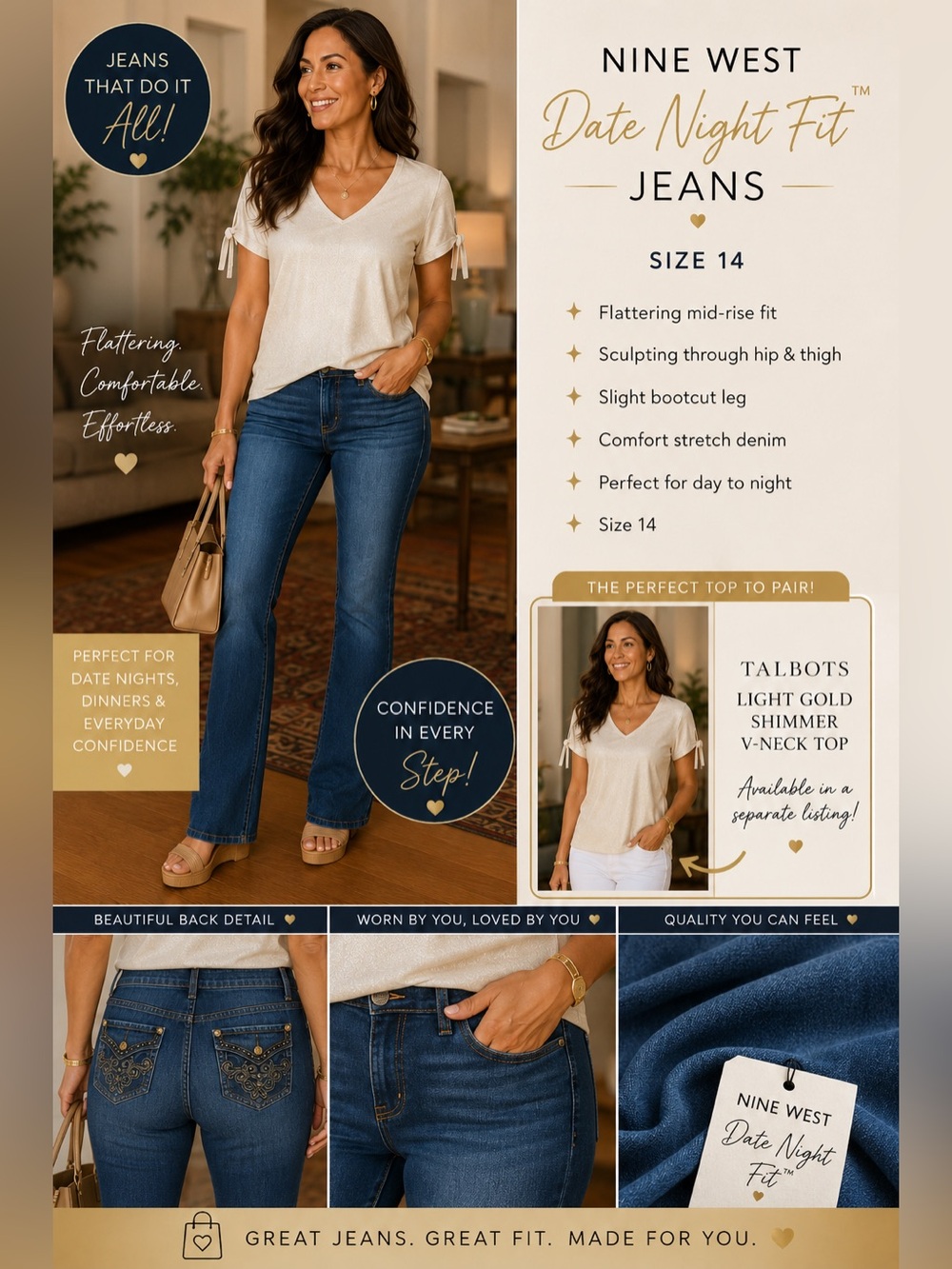 Nine West “Date Night Fit” 5-Pocket Jeans With Embellished Back Pockets Size 14R